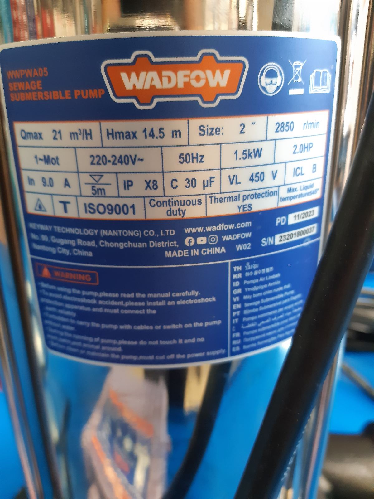 Hình ảnh 1 của mặt hàng Máy bơm chìm nước thải 1500W (2.0HP) Wadfow