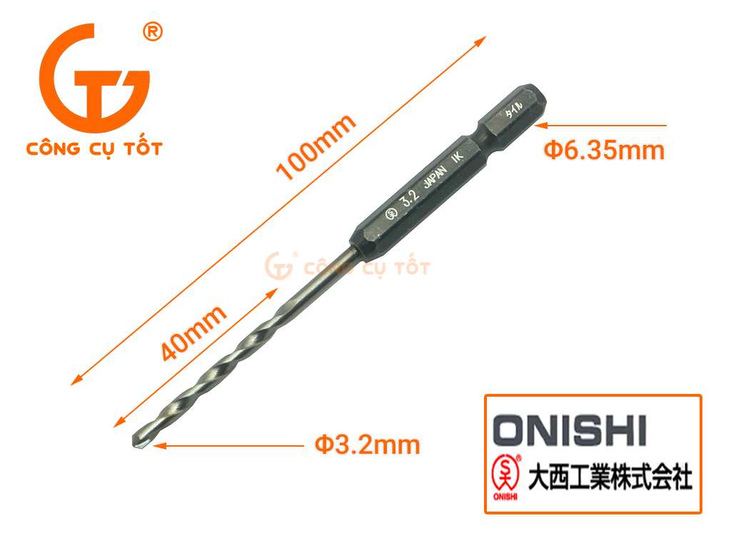 Hình ảnh 9 của mặt hàng Mũi khoan sứ và gạch men Ø3.2mm chuôi lục 6 ly 95mm Onishi Nhật Bản