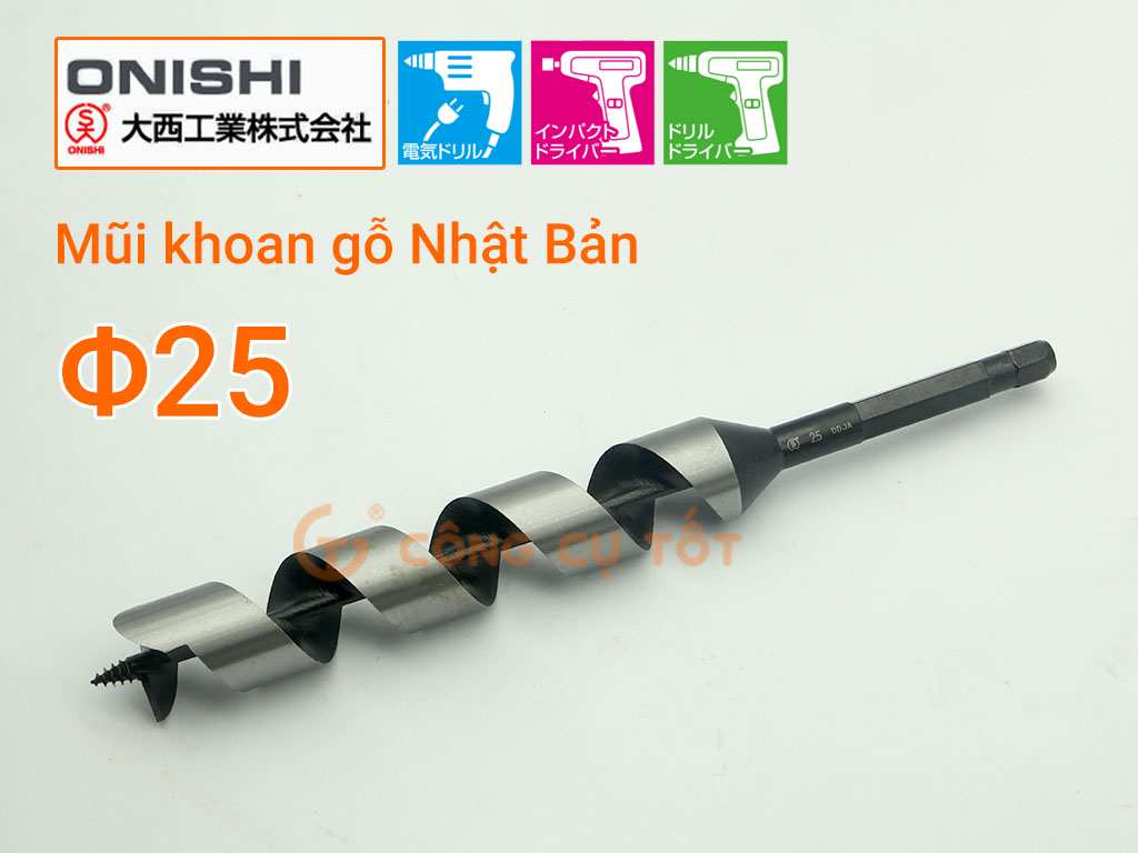 Hình ảnh 6 của mặt hàng Mũi khoan gỗ xoắn ốc Auger Φ25 dài rãnh 160mm chuôi lục Onishi Nhật Bản