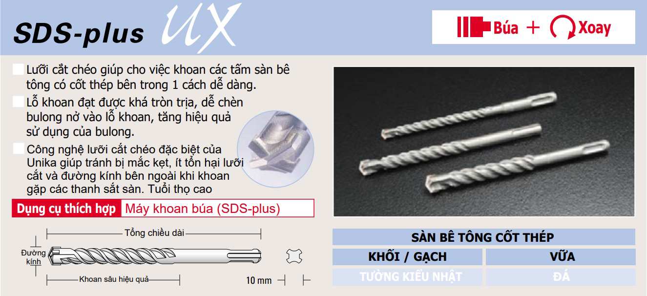 Hình ảnh 2 của mặt hàng Mũi khoan bê tông dài lưỡi cắt chữ thập chuôi gài SDS plus Ø10.0mm Unika UX 450mm