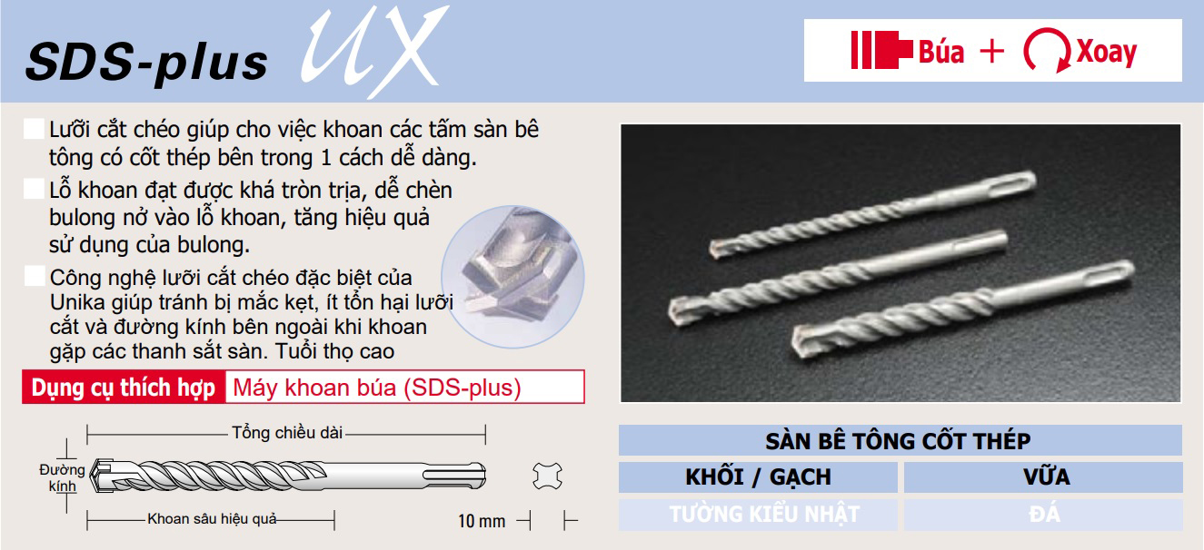 Hình ảnh 2 của mặt hàng Mũi khoan bê tông dài lưỡi cắt chữ thập chuôi gài SDS plus Ø18.0mm Unika UX 450mm