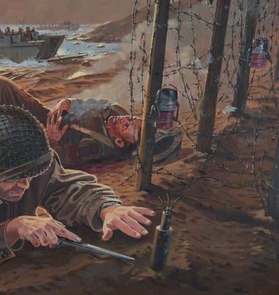 Bức tranh vẽ cảnh một người lính dùng Fairbairn – Sykes để gỡ bom mìn