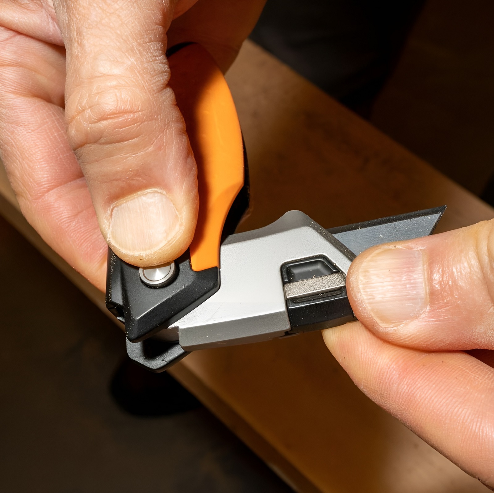 Con dao tiện ích nhỏ gọn Fiskars Pro (770040-1001) có thể gập lại và mở ra bằng cách nhấn nút trên tay cầm.