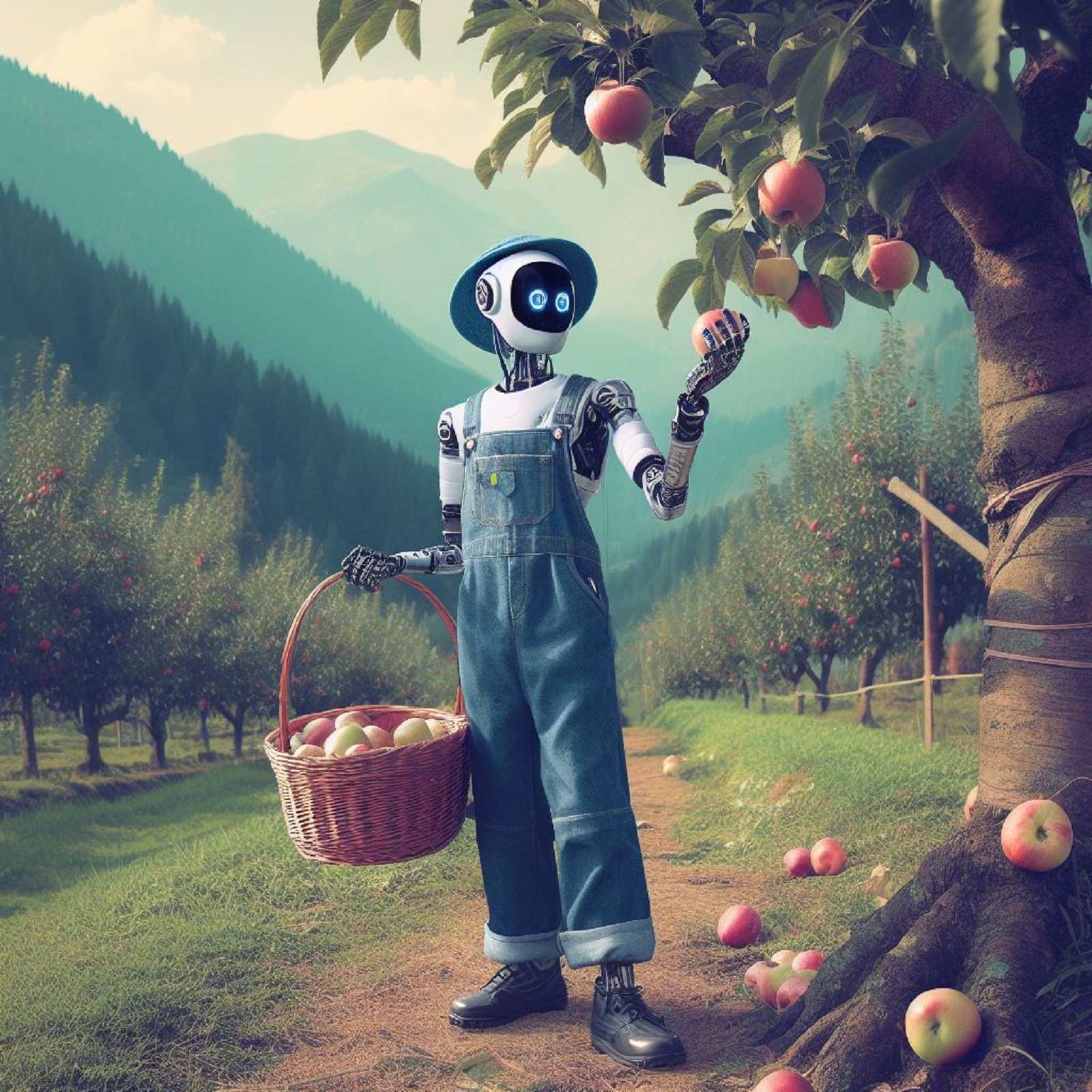 Robot đang thu hoạch trái cây