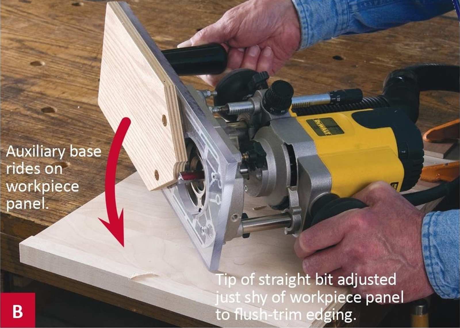 Trang bị cho máy phay gỗ của bạn một chiếc đế phụ và một mũi soi phay gỗ thẳng để loại bỏ phần thừa ở mép gỗ