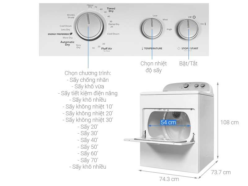 Máy sấy Whirlpool với chương trình sấy đa dạng khác nhau 