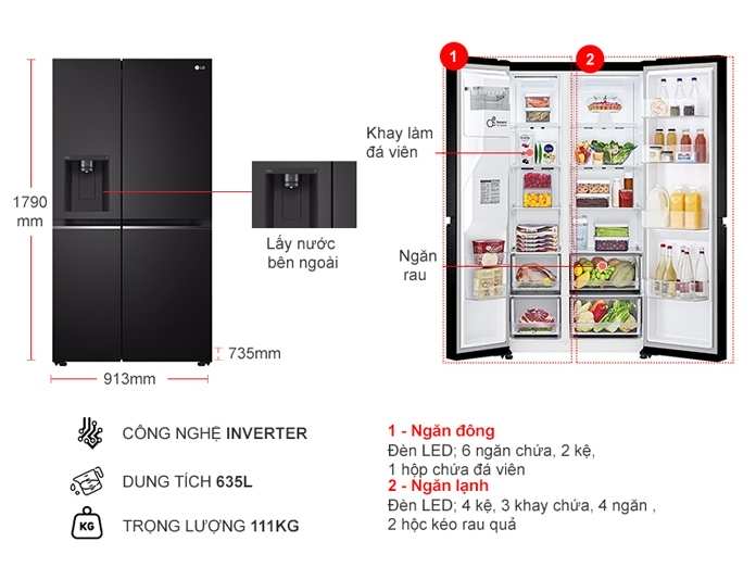 Tủ Lạnh LG với dung tích lên đến 635L rộng rãi chứa đựng được nhiều thức ăn