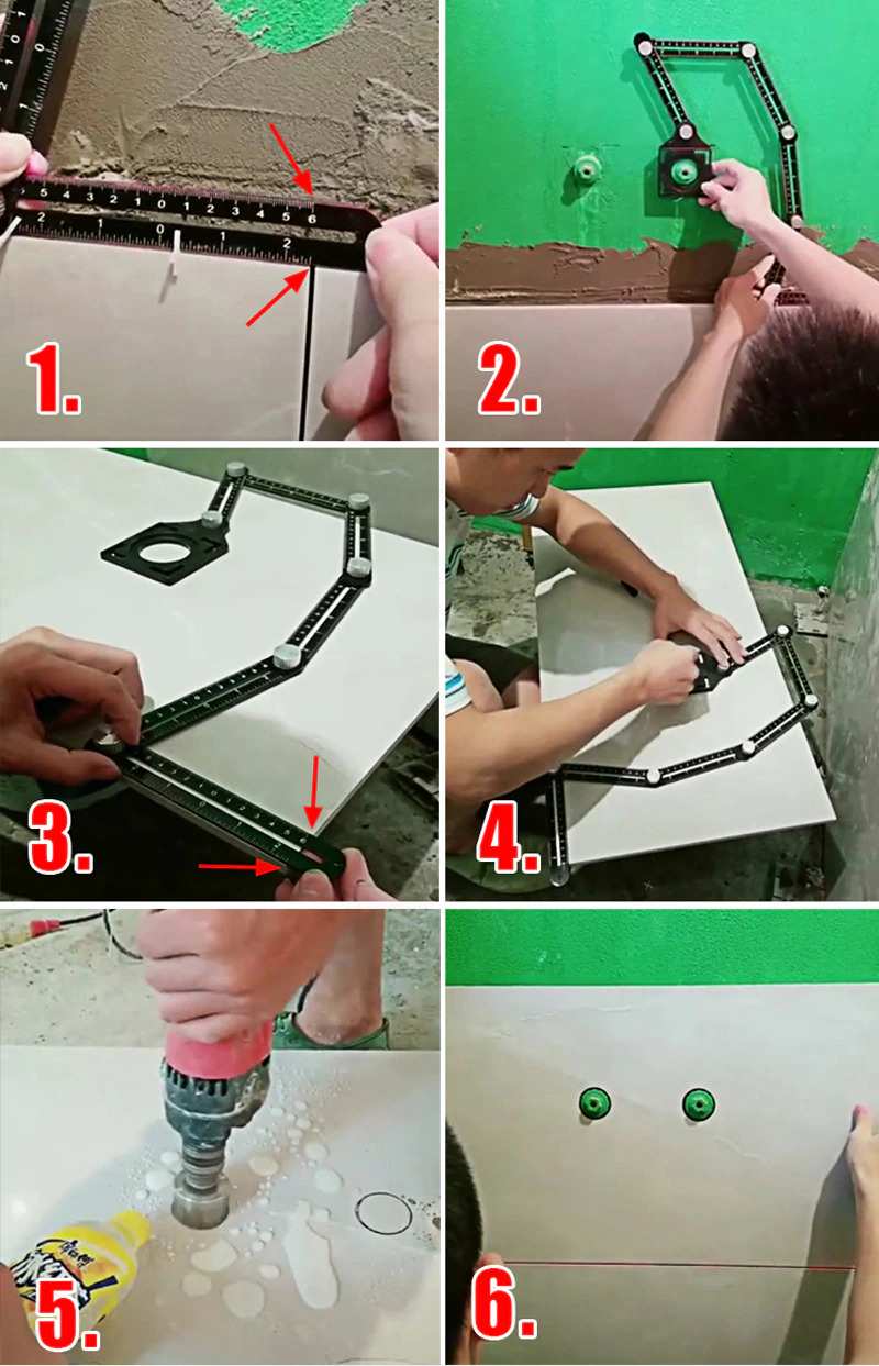 Cách sử dụng thước chép hình để lấy dấu khoan gạch men