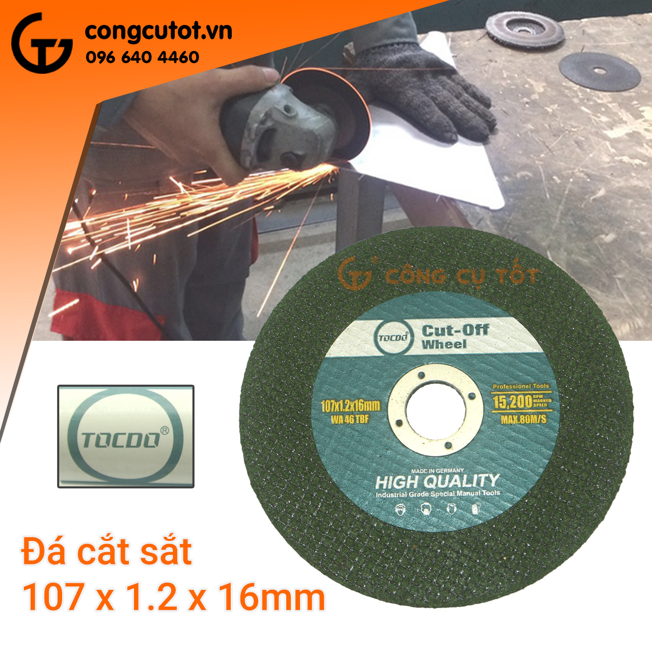 Đá cắt sắt TOCDO Φ107 x dày 1.2 x trục 16mm x 15200 rpm