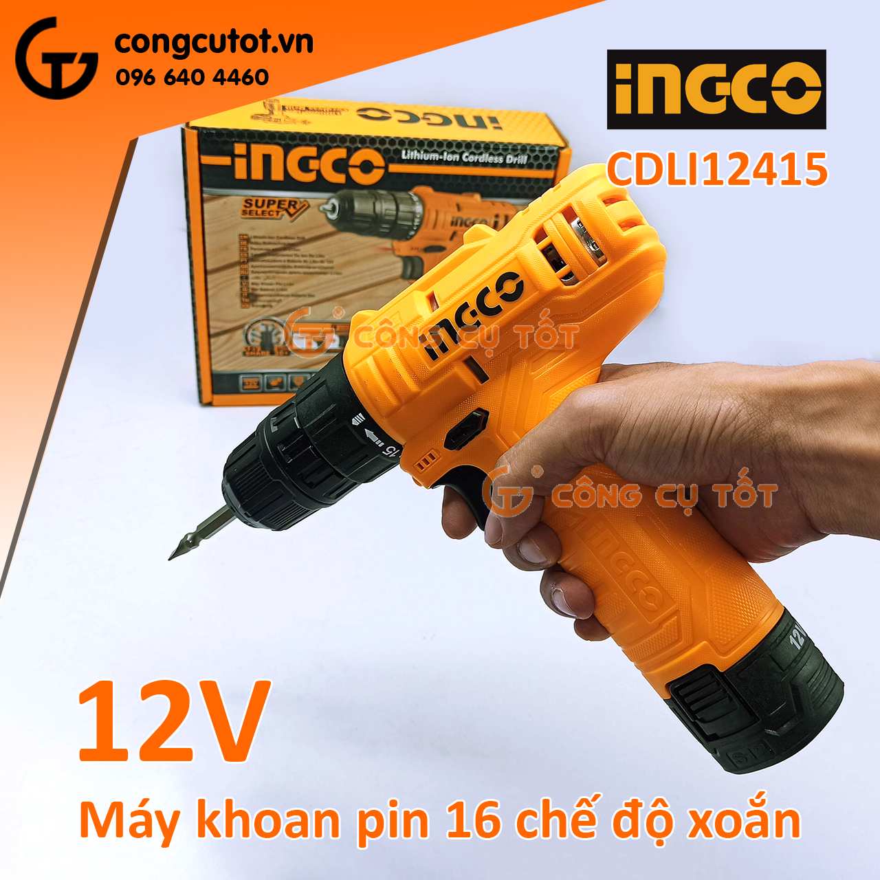 Máy khoan pin 12V INGCO CDLI12415 lực xoắn 20Nm 600 v/p.