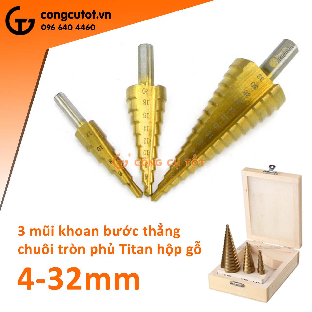 Bộ sản phẩm 3 mũi khoan tháp bước thẳng chuôi tròn kích thước từ 4-32 mm được đặt trong hộp gỗ