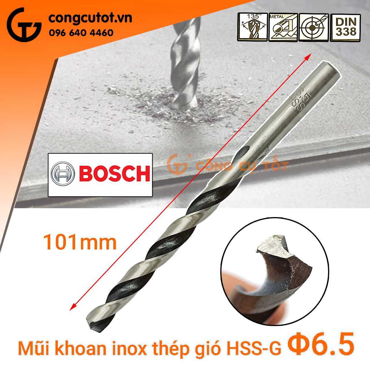 Mũi khoan inox Bosch thép gió HSS-G 101mm x Φ6.5mm