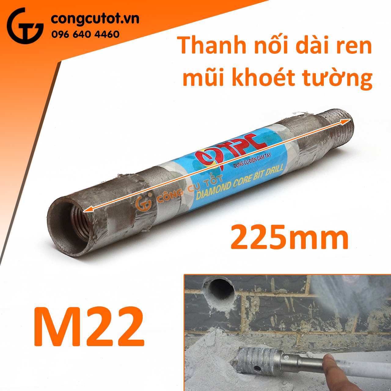 Thanh nối dài ren M22 225mm.