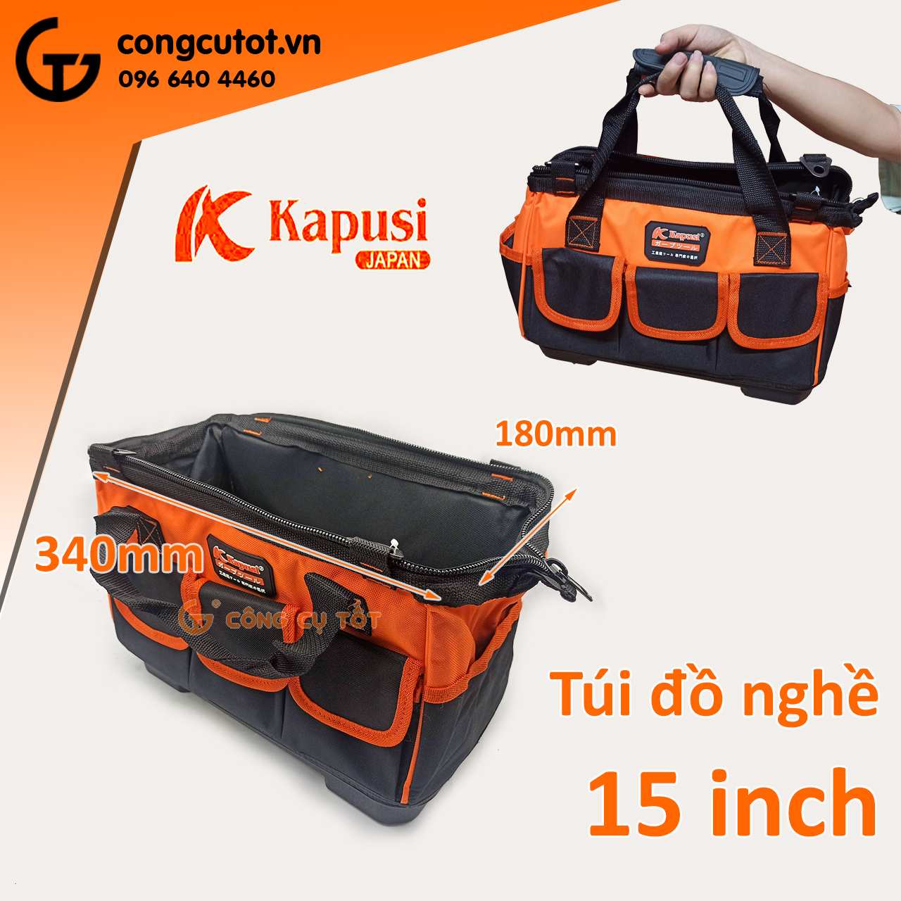 Túi đồ nghề Kapusi 15 inch kèm 8 túi phụ bằng vải dù đáy nhựa cứng Nhật Bản.