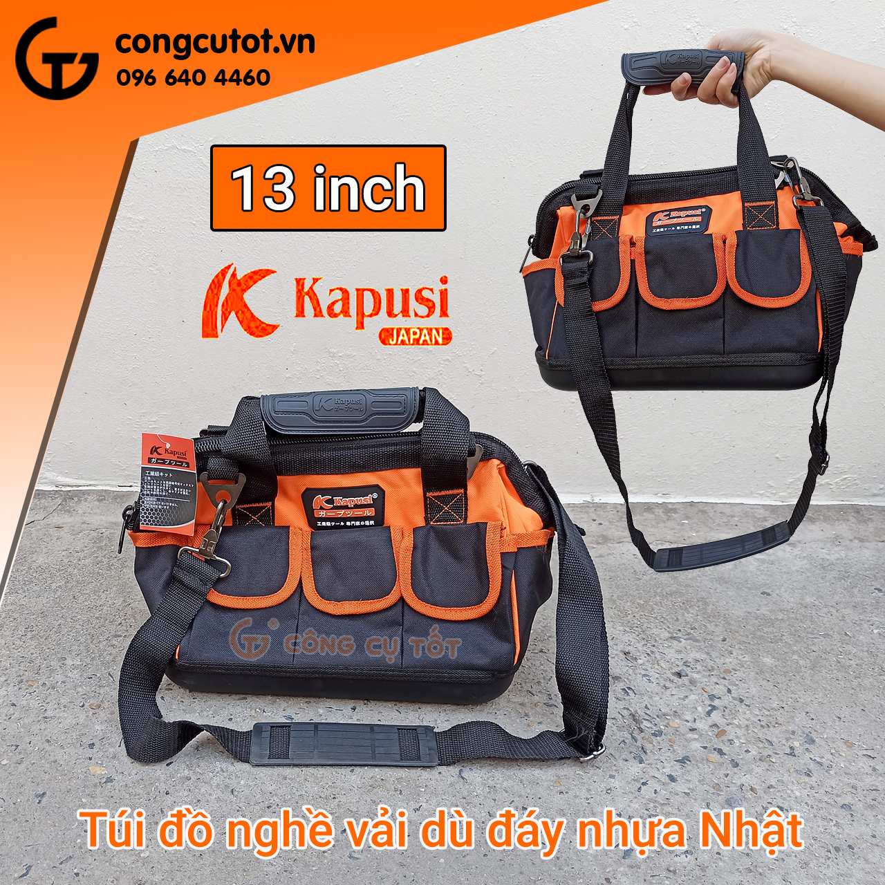 Túi đồ nghề 13 inch kèm 8 túi phụ bằng vải dù đáy nhựa cứng tới từ thương hiệu Kapusi của Nhật Bản