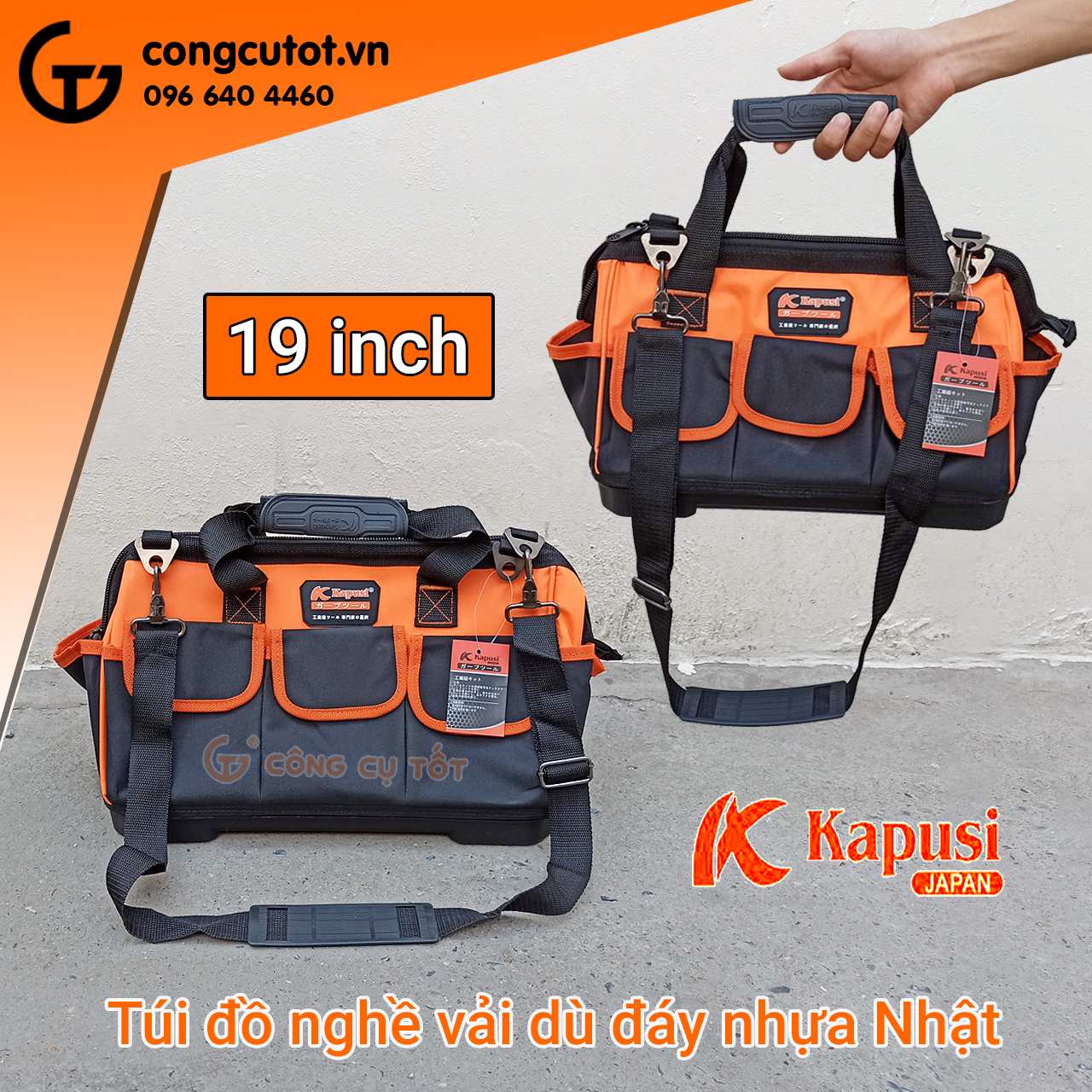Túi đồ nghề 19 inch kèm 8 túi phụ bằng vải dù đáy nhựa cứng tới từ thương hiệu Kapusi của Nhật Bản