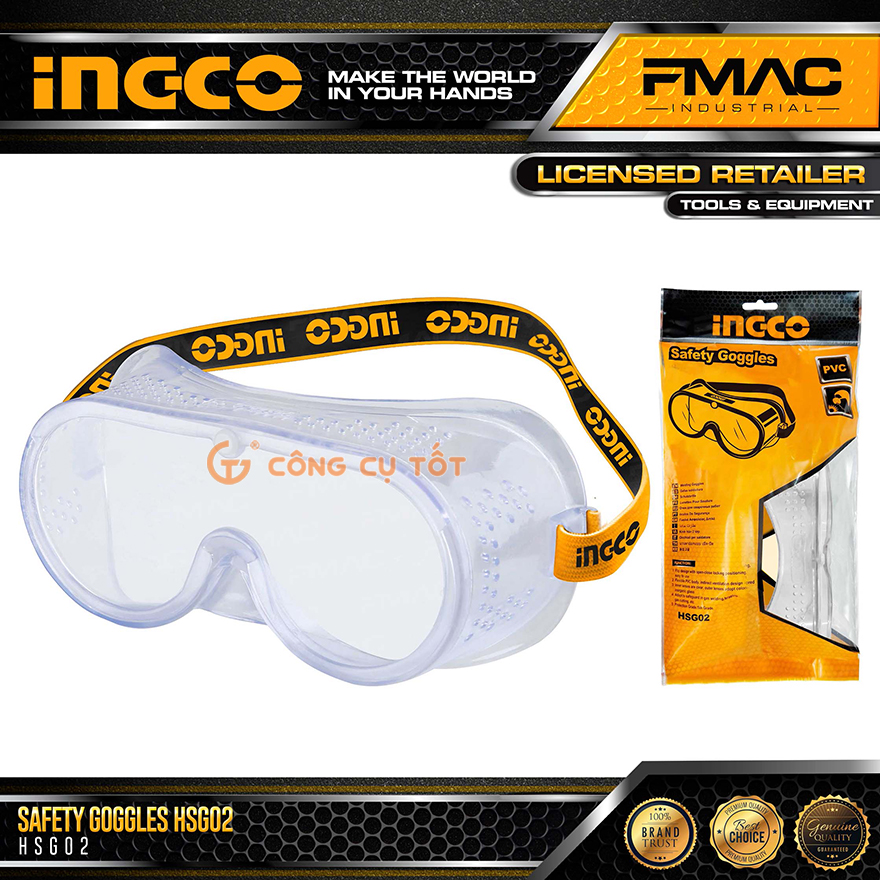 Kính đeo kín mắt chống hóa chất, mạt sắt văng bắn INGCO HSG02 có khung nhựa PVC mềm và nhẹ.