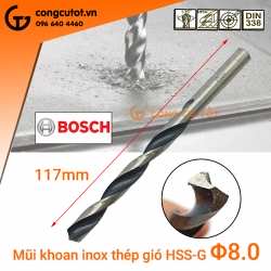 Mũi khoan inox Bosch thép gió HSS-G 117mm x Φ8.0mm