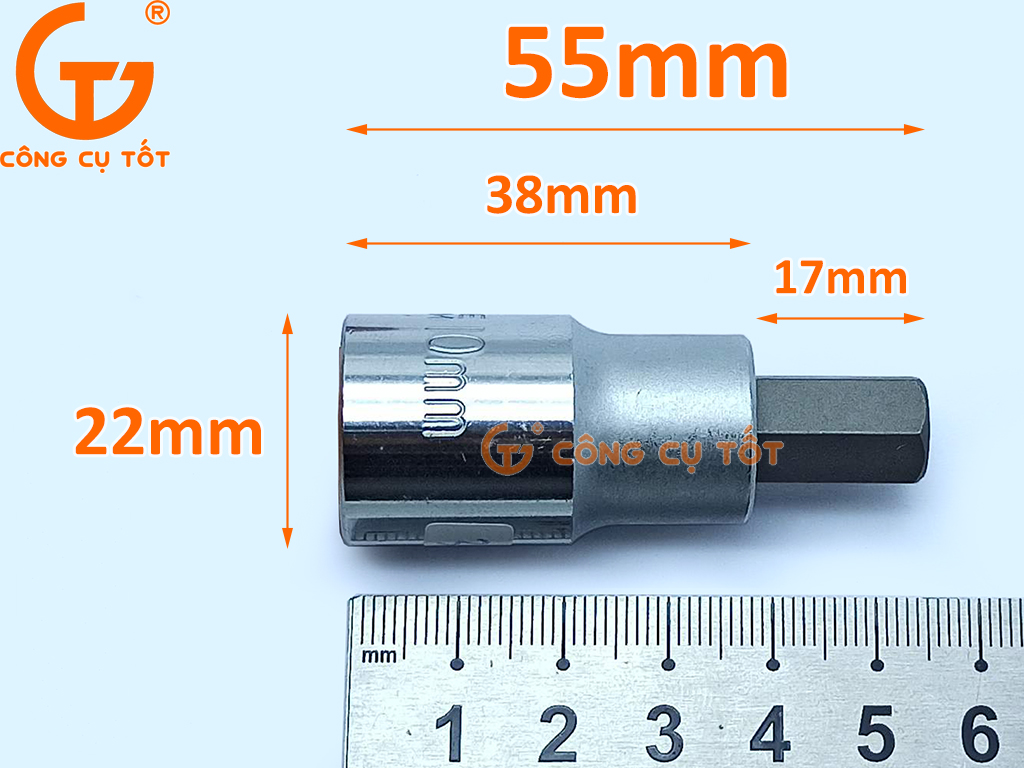 Kích thước đầu tuýp 1/2 mũi vít hình lục giác 10mm thép CRV loại ngắn 55mm